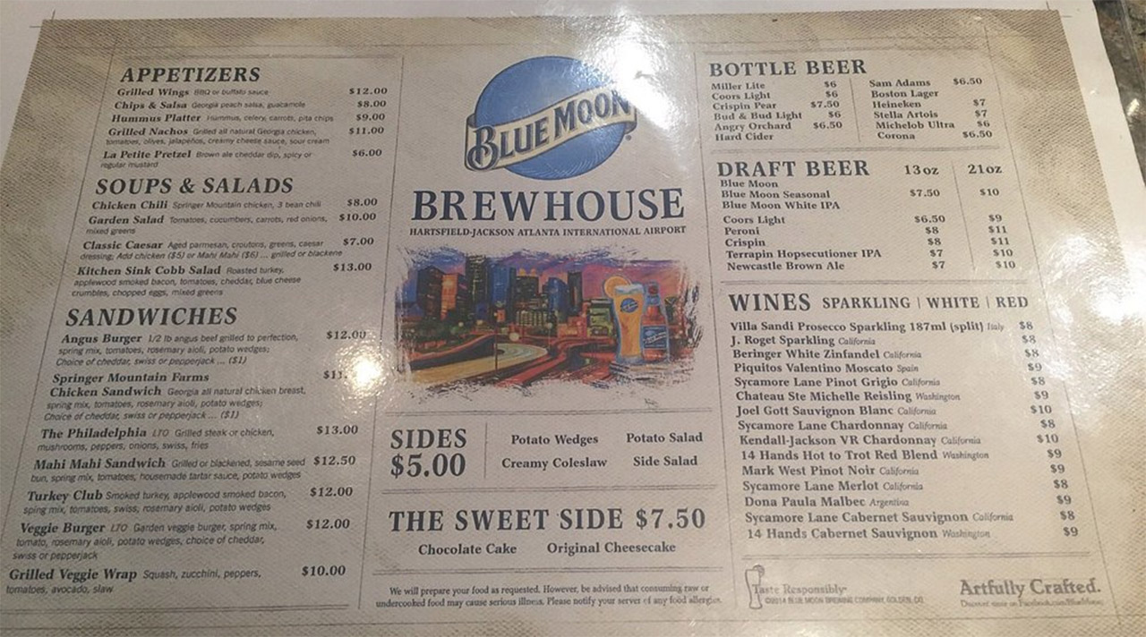 Blue Moon Brewhouse menu atlanta airport