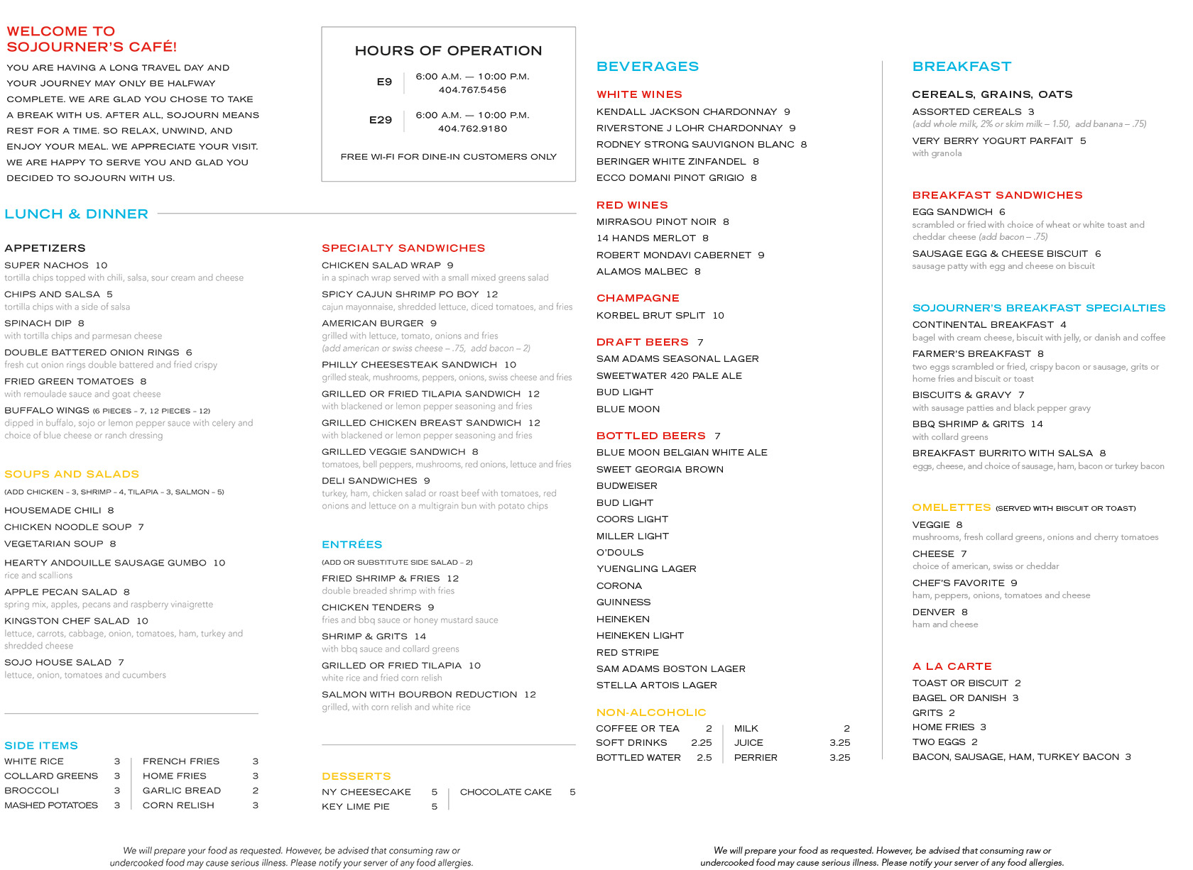Sojourner’s Café menu food