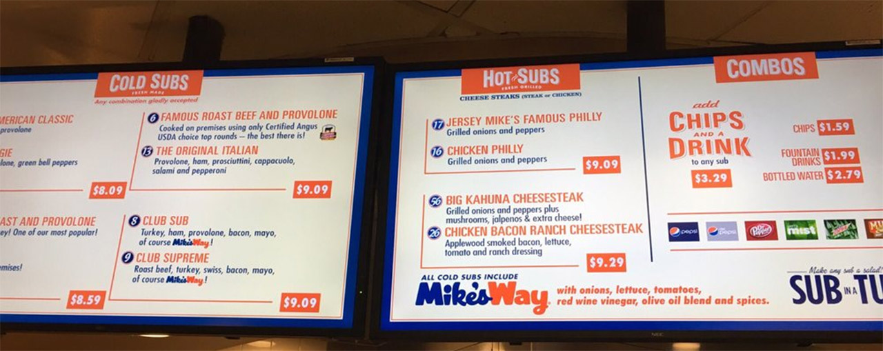 Jersey Mike's Subs menu