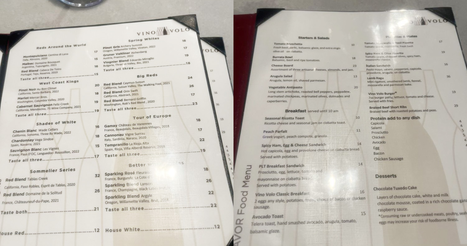 Vino Volo menu